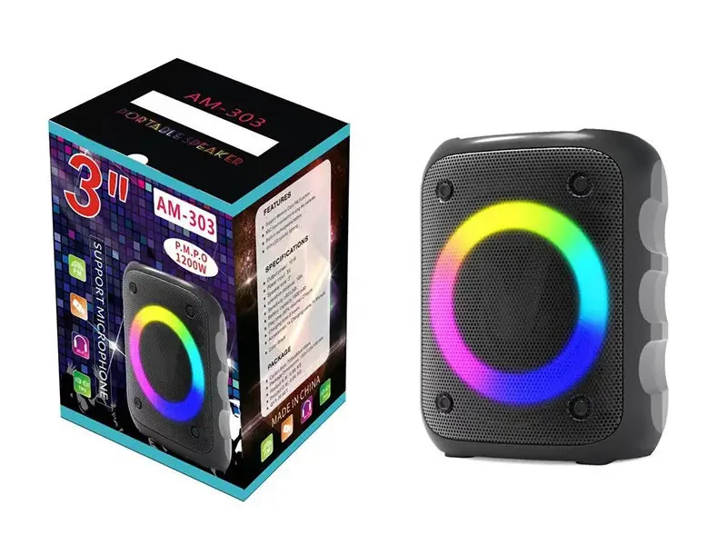 Колонка Bluetooth AM-303 з LED-підсвіткою, портативна, чорна Колонка Bluetooth AM-303 з LED-підсвіткою, портативна, чорна