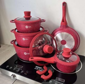 Набор кастрюль с гранитным антипригарным покрытием Higher Kitchen НК-316 из 12 предметов Красный — фото 2
