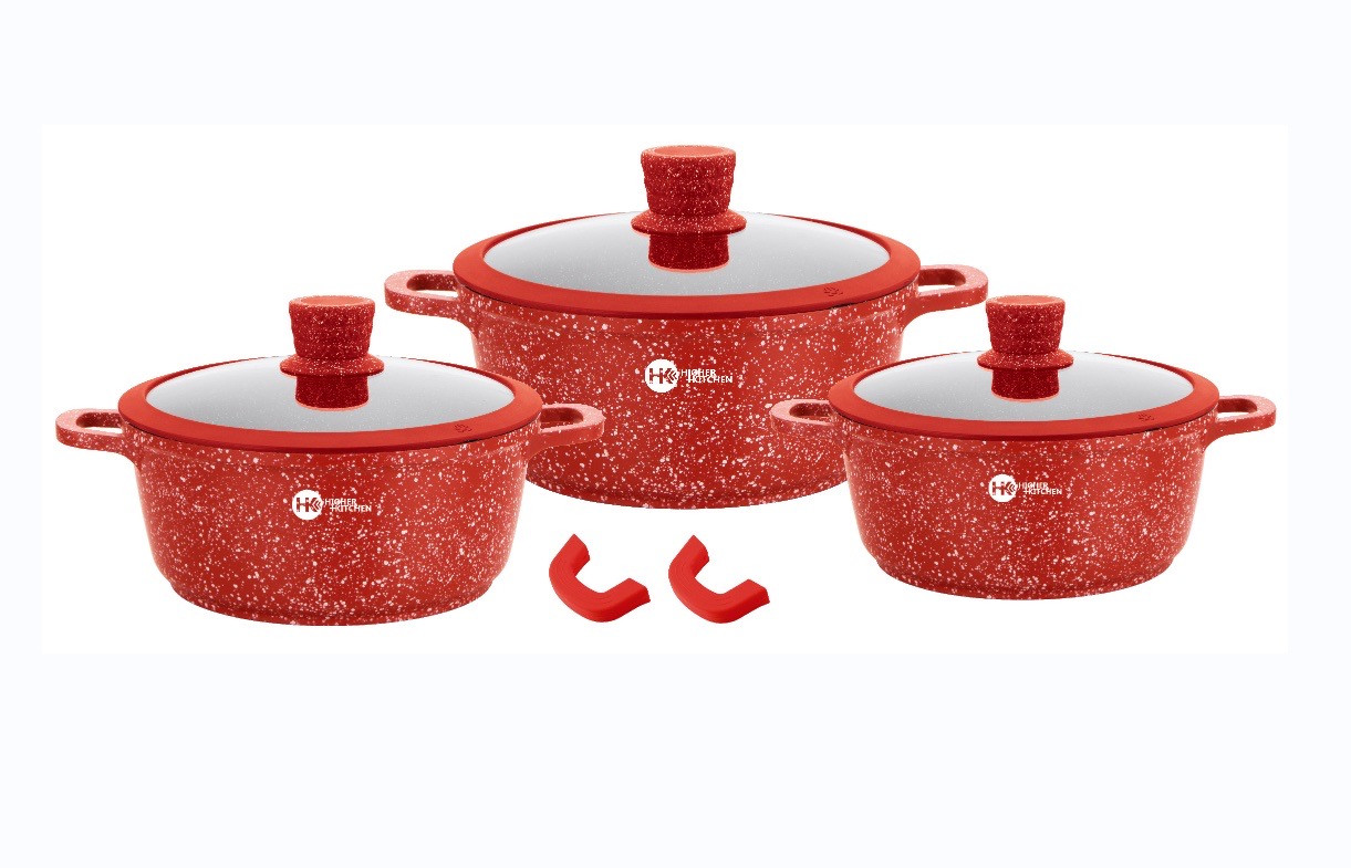 5084705179_nabor-kotlov-higher Набор котлов Higher Kitchen с антипригарным покрытием, Набор круглых кастрюль с крышками, HK-325 Красный - Зображення 1