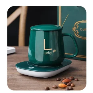 Чашка керамическая темно-зеленая с подставкой – подогревом и ложечкой в упаковке-пакете — фото 2