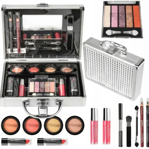 Набор декоративной косметики в алюминиевом кейсе с зеркалом Makeup set MC1488 Серебристый