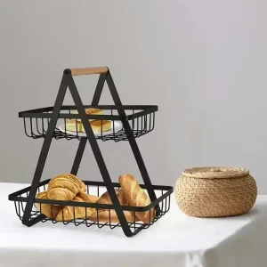 Двухярусная металлическая фруктовница с деревянной ручкой Разборная железная корзина для фруктов 2 яруса — фото 2