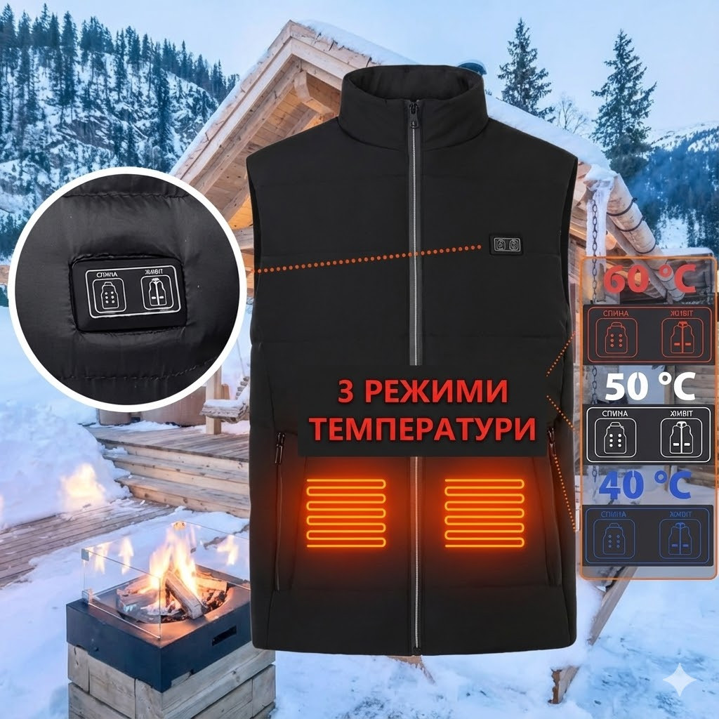 6947104626_zhiletka-s-podogrevom Жилетка с подогревом с воротником Размера L Жилетка с 9 зонами обогрева и 3 режимами регулировки температуры - Зображення 1