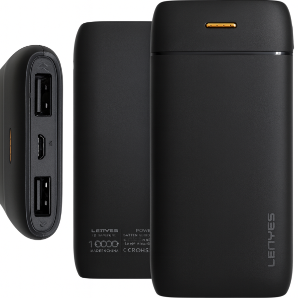 Повербанк LENYES PX167 10000 mAh с LED-индикатором и 2 USB, черный