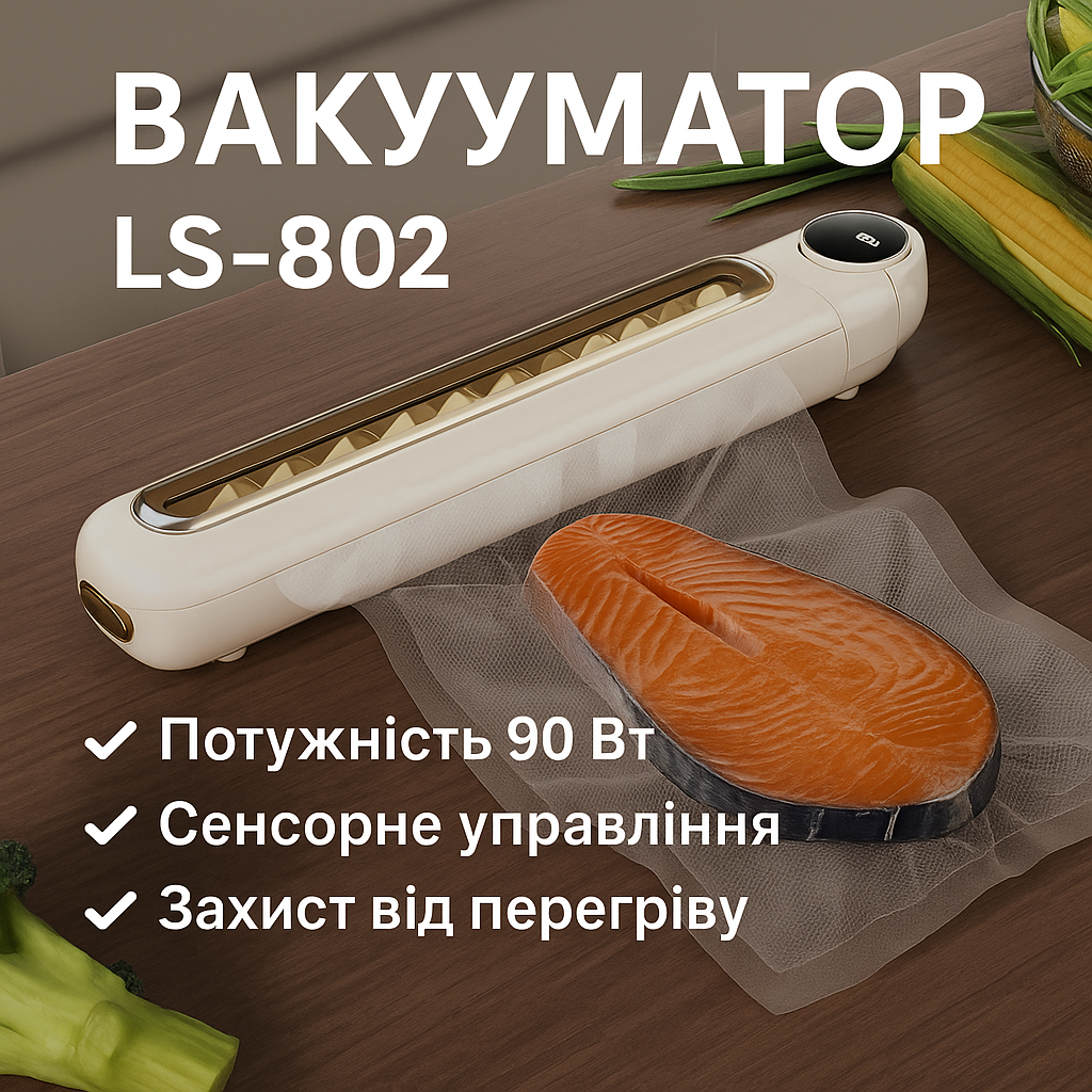 6977203260_kuhonnyj-vakuumnyj-upakovschik Кухонный вакуумный упаковщик пищевых продуктов с дисплеем Vacuum sealer LS-802 Белый Бытовой вакууматор домашний - Зображення 1