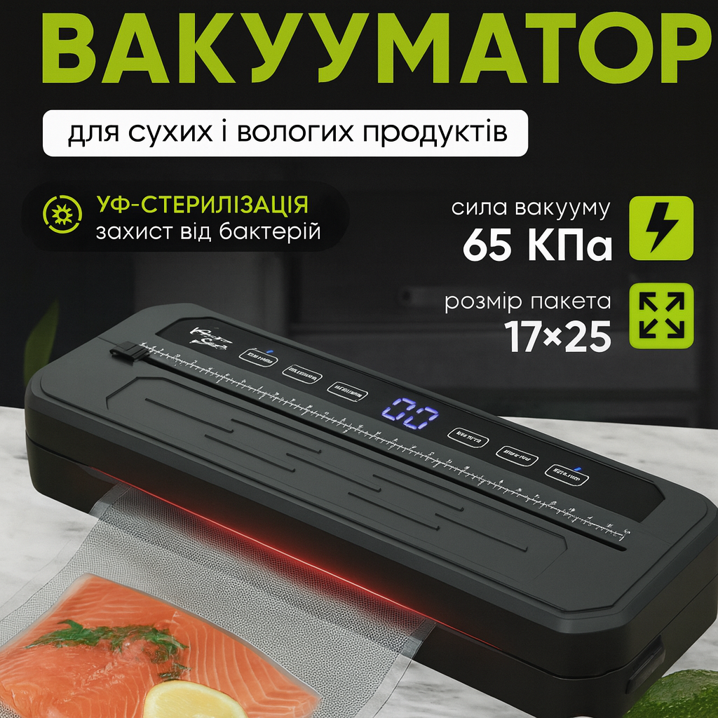 Вакуумний упаковщик Food Vacuum Sealer 65 кПа з резаком і пакетами, чорний Вакуумний упаковщик Food Vacuum Sealer 65 кПа з резаком і пакетами, чорний