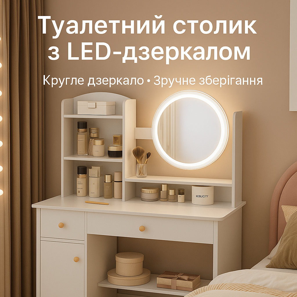 6980780650_tualetnyj-stolik-stl-md Туалетный столик STL-MD 73 с зеркалом и LED-подсветкой, с полками и ящиками, белый - Зображення 1