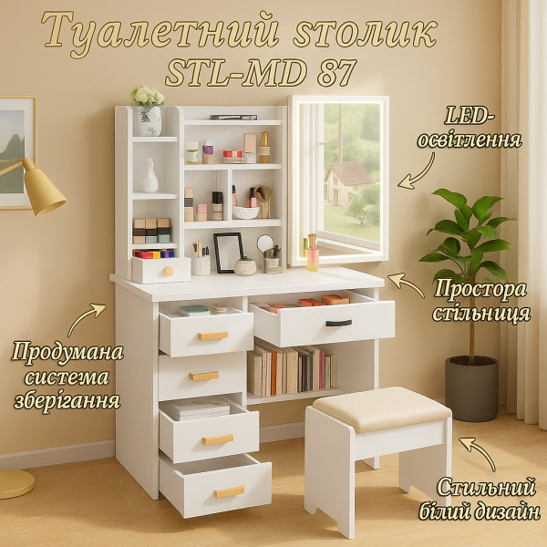 Туалетный столик STL-MD 87 с LED прямоугольное зеркало и пуфиком 128х80х35 см Белый