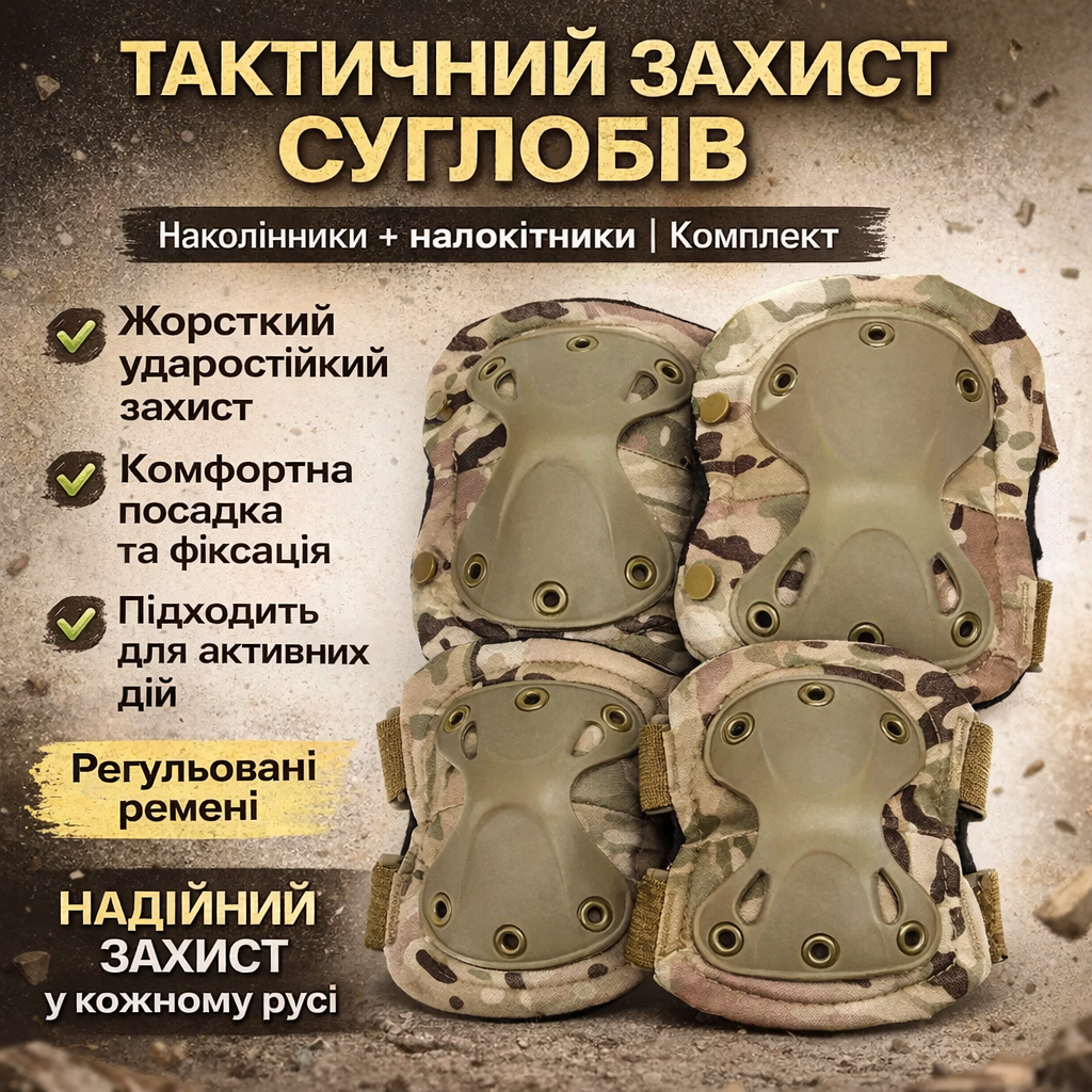 6988101441_nalokotniki-i-nakolenniki Налокотники и наколенники защитные Eagle KN-04 «Камуфляж», комплект 2+2, регулируемый размер, крепление Velcro - Зображення 1