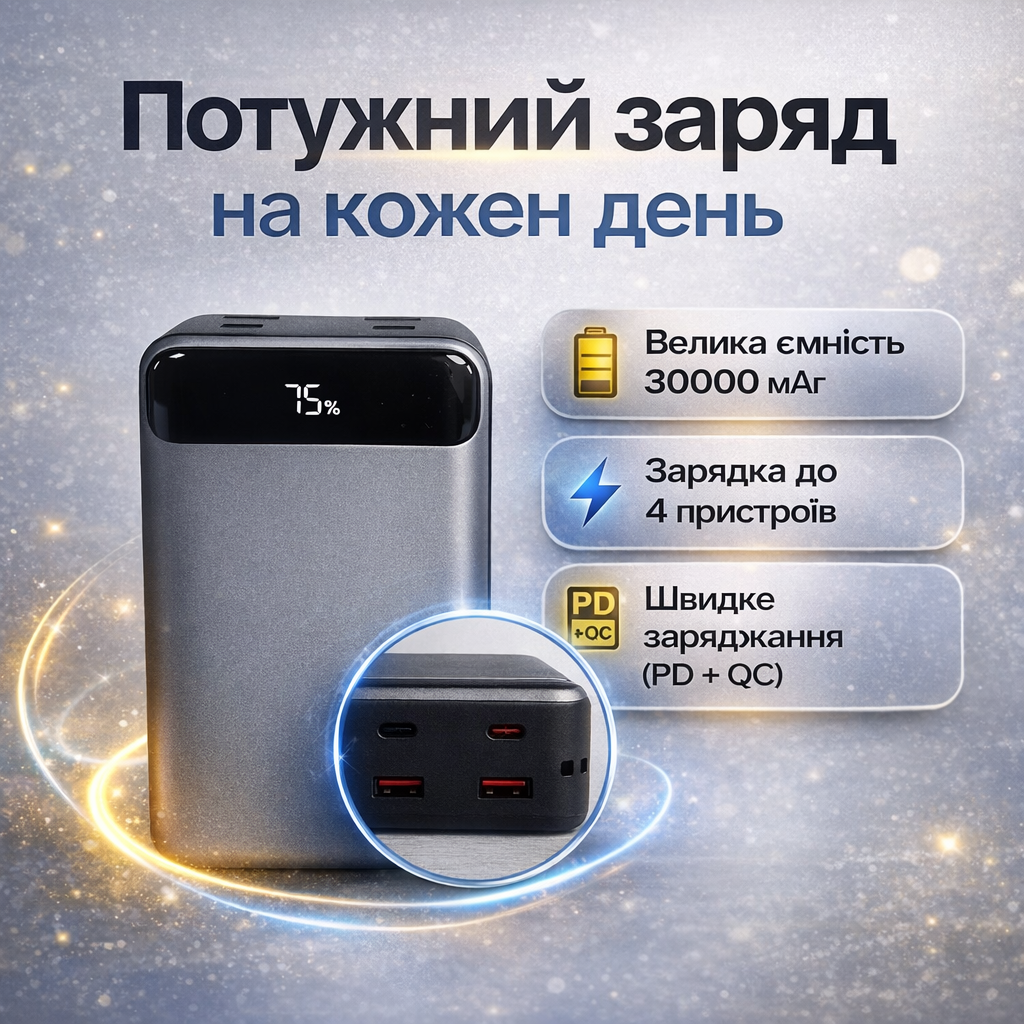 7004982901_vneshnij-akkumulyator-king Внешний аккумулятор King Power KPG-316 30000 mAh 22.5W с дисплеем черный - Зображення 1