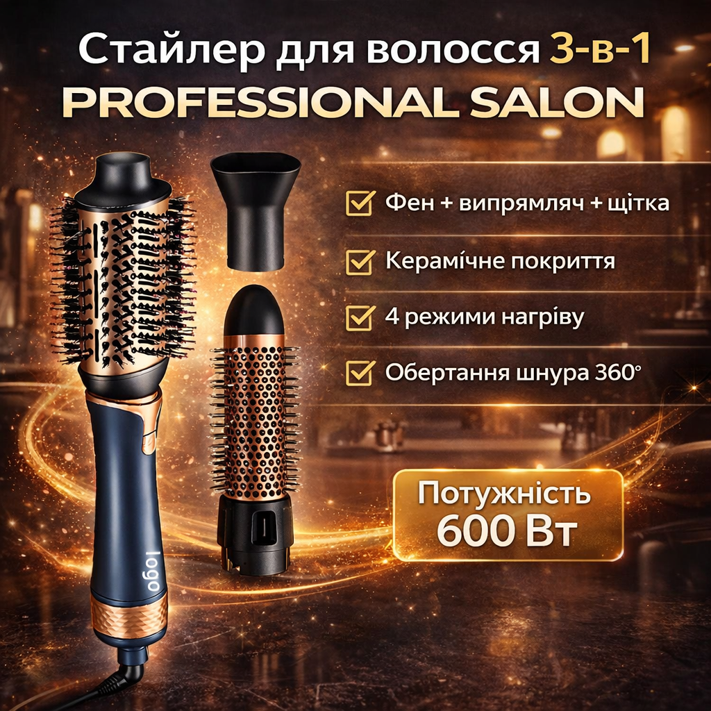 7006873260_professionalnyj-stajler-dlya Профессиональный стайлер для волос 3-в-1 New Professional Salon - фен-щетка, выпрямитель и укладка | 600W | 4 режима нагрева - Зображення 1