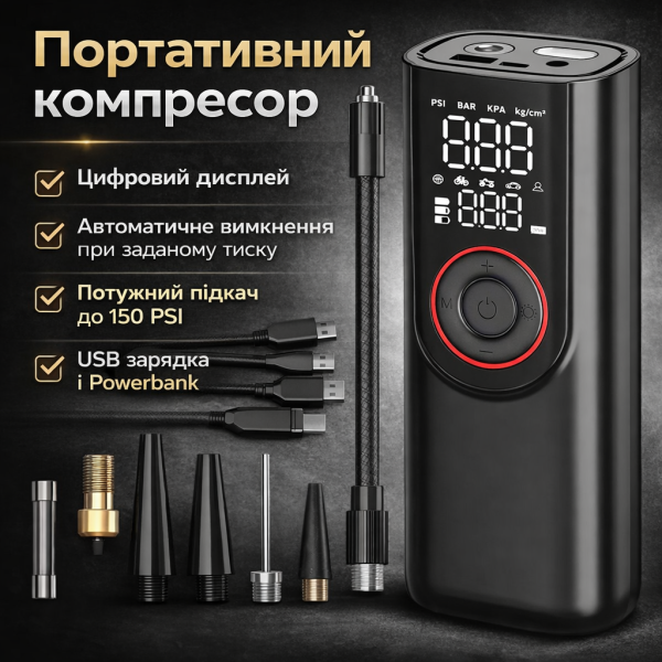 Портативный компрессор с цифровым дисплеем, автомобильный насос 12 В, мини-компрессор для шин авто/мото/велосипеда