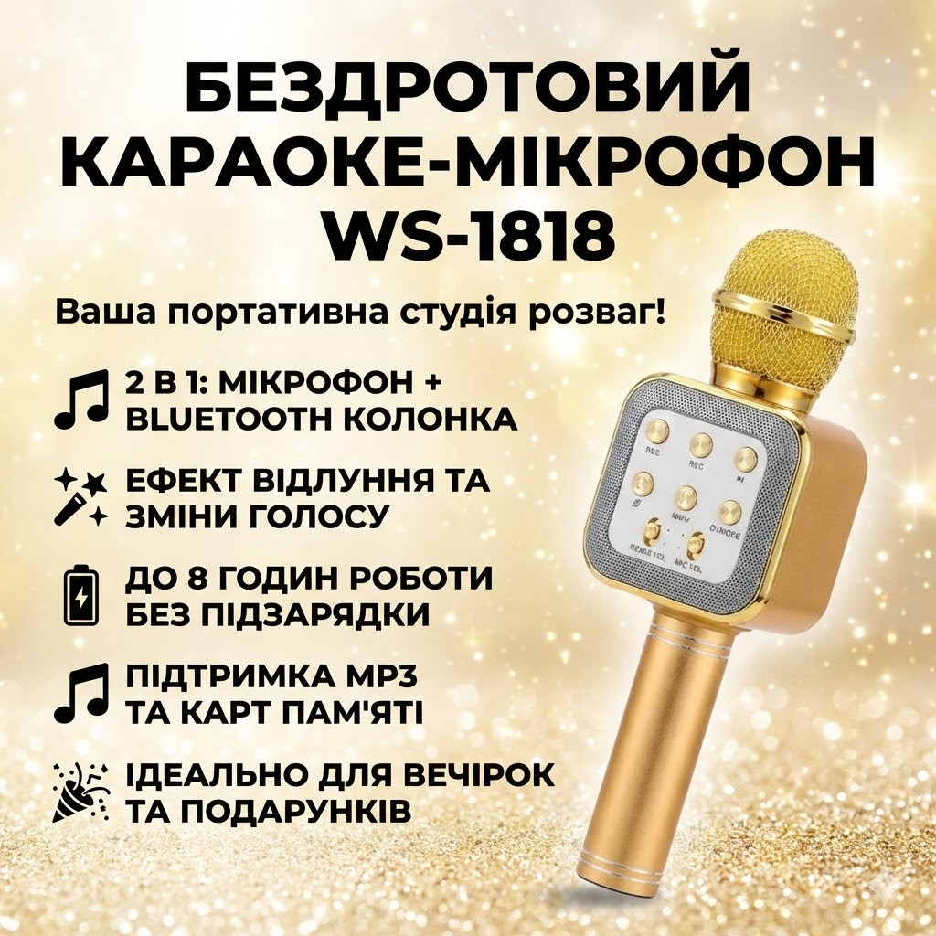 7020229389_karaoke-mikrofon-bluetooth Караоке микрофон Bluetooth DM WS1818 с динамиками беспроводная колонка микрофон для пения Желтый - Зображення 1