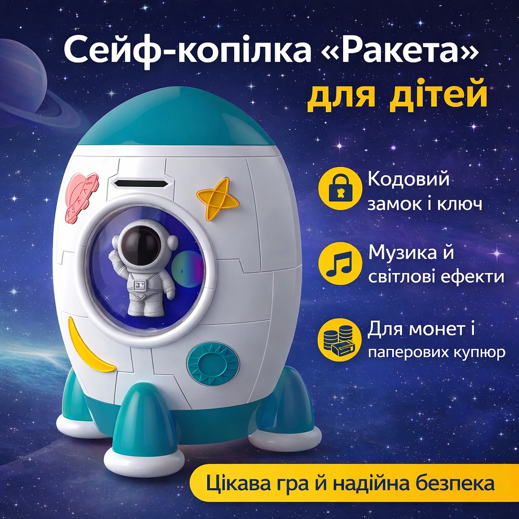 7021446715_sejf-kopilka-raketa-s Сейф-копилка Ракета с звуковыми и световыми эффектами 852A Музыкальная копилка с уникальным дизайном - Зображення 1