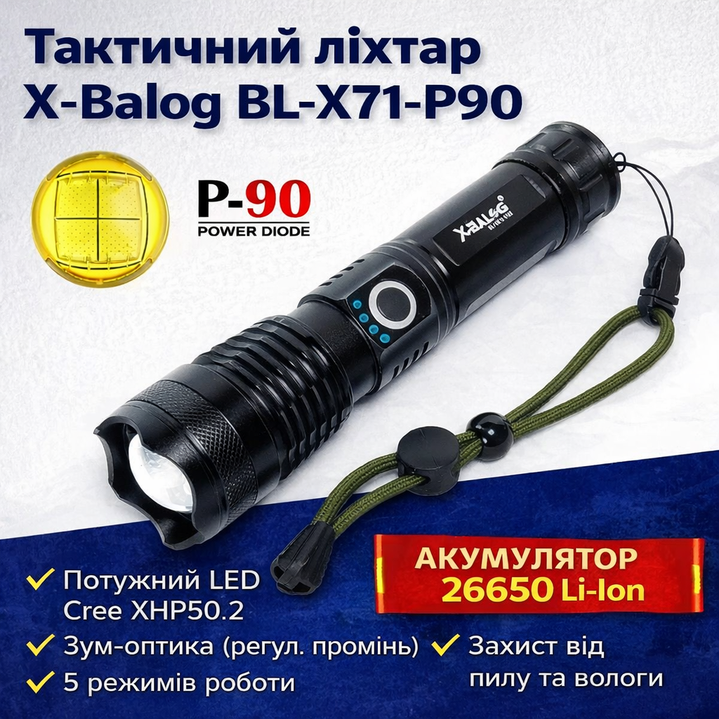7022969254_takticheskij-ruchnoj-fonar Тактический ручной фонарь X-Balog BL-X71-P90 Police с мощным LED, зумом и 5 режимами работы - Зображення 1