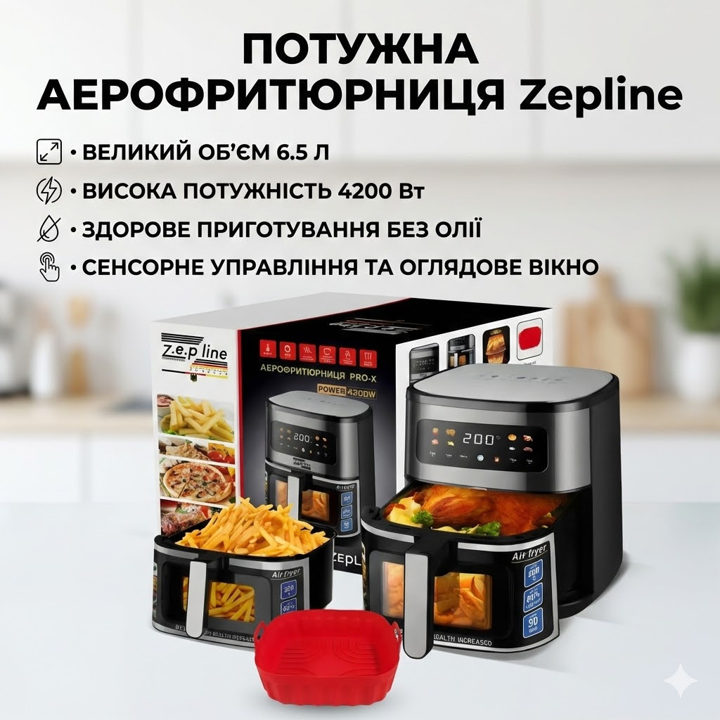 7024674351_aerofrityurnitsa-zepline-zp-00234 Аэрофритюрница Zepline ZP-00234 без масла, 6.5 л, 4200 Вт, семейная, с LED дисплеем и автоматическими режимами - Зображення 1