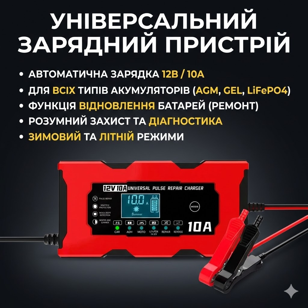 7026044364_zaryadnoe-ustrojstvo-dlya Зарядное устройство для автомобильного аккумулятора RIAS XJB1210-2 12V 10A с дисплеем (для свинцовых аккумуляторов) - Зображення 1