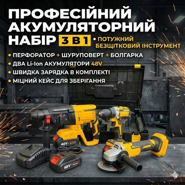 Профессиональный аккумуляторный набор электроинструмента 3 в 1 48V: Перфоратор, Шуруповерт, Болгарка (УШМ)