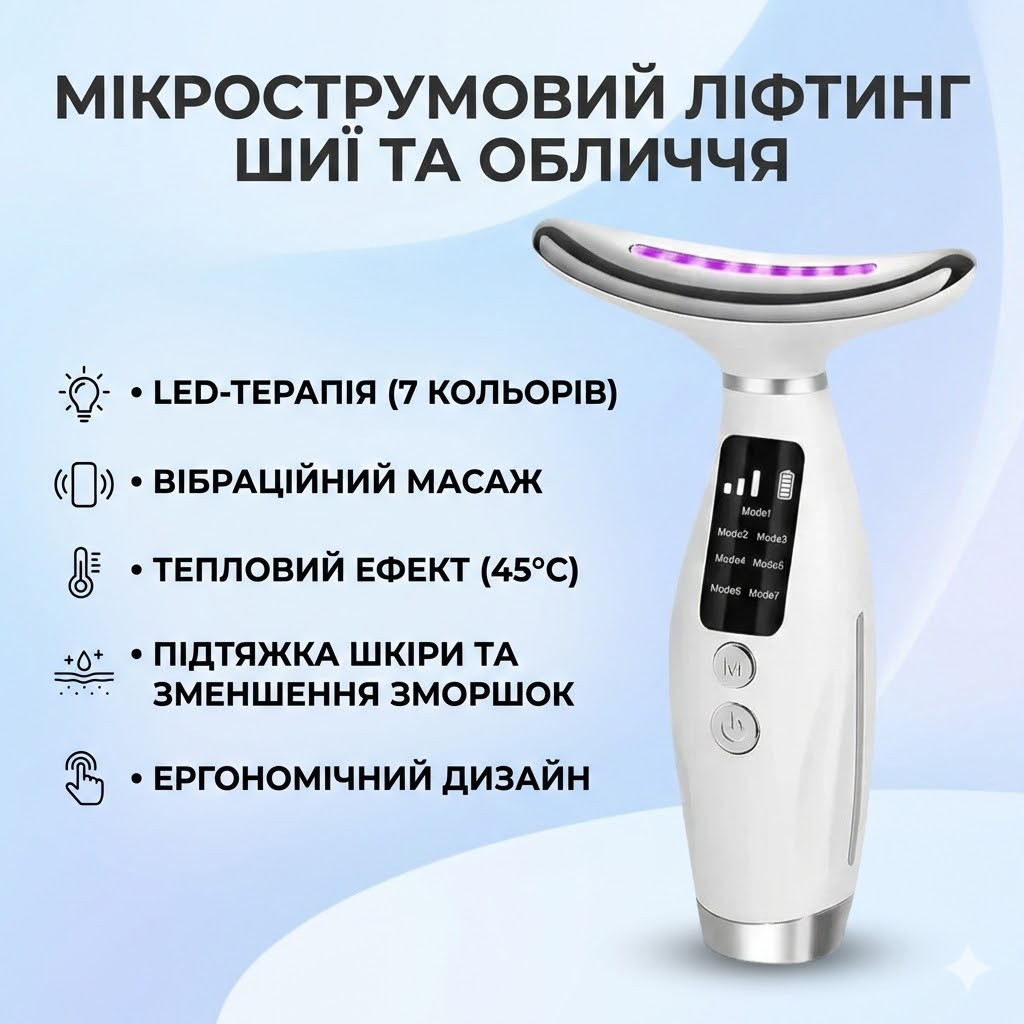 7026135353_mnogofunktsionalnyj-mikrotokovyj-lifting-massazher Многофункциональный микротоковый лифтинг-массажер для лица и шеи Neck Beauty Device с LED-терапией (7 цветов) и прогревом - Зображення 1