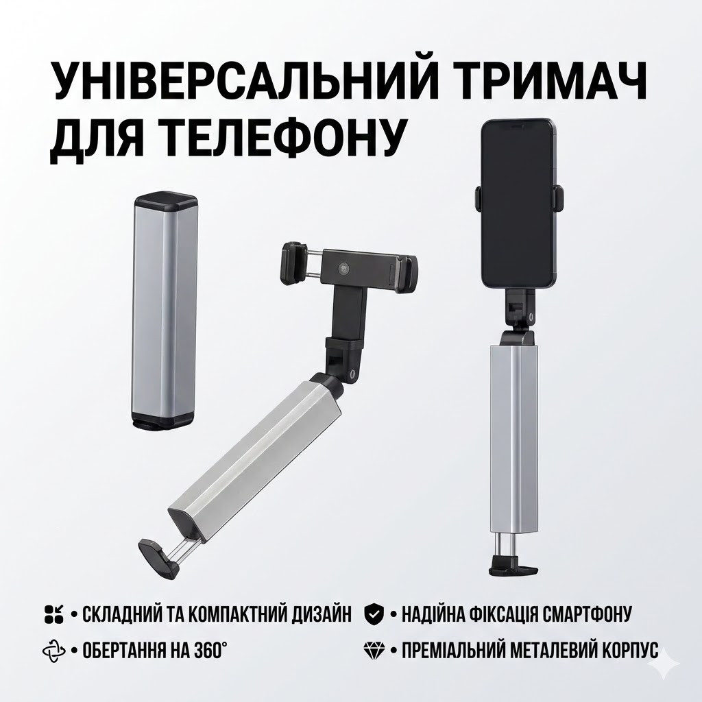 7026148429_universalnyj-skladnoj-derzhatel Универсальный складной держатель для телефона S621 с зажимом и вращением на 360° (Металл) - Зображення 1