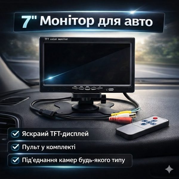 Автомобільний ЖК-монітор 7" для камер заднього виду з двома відеовходами RCA