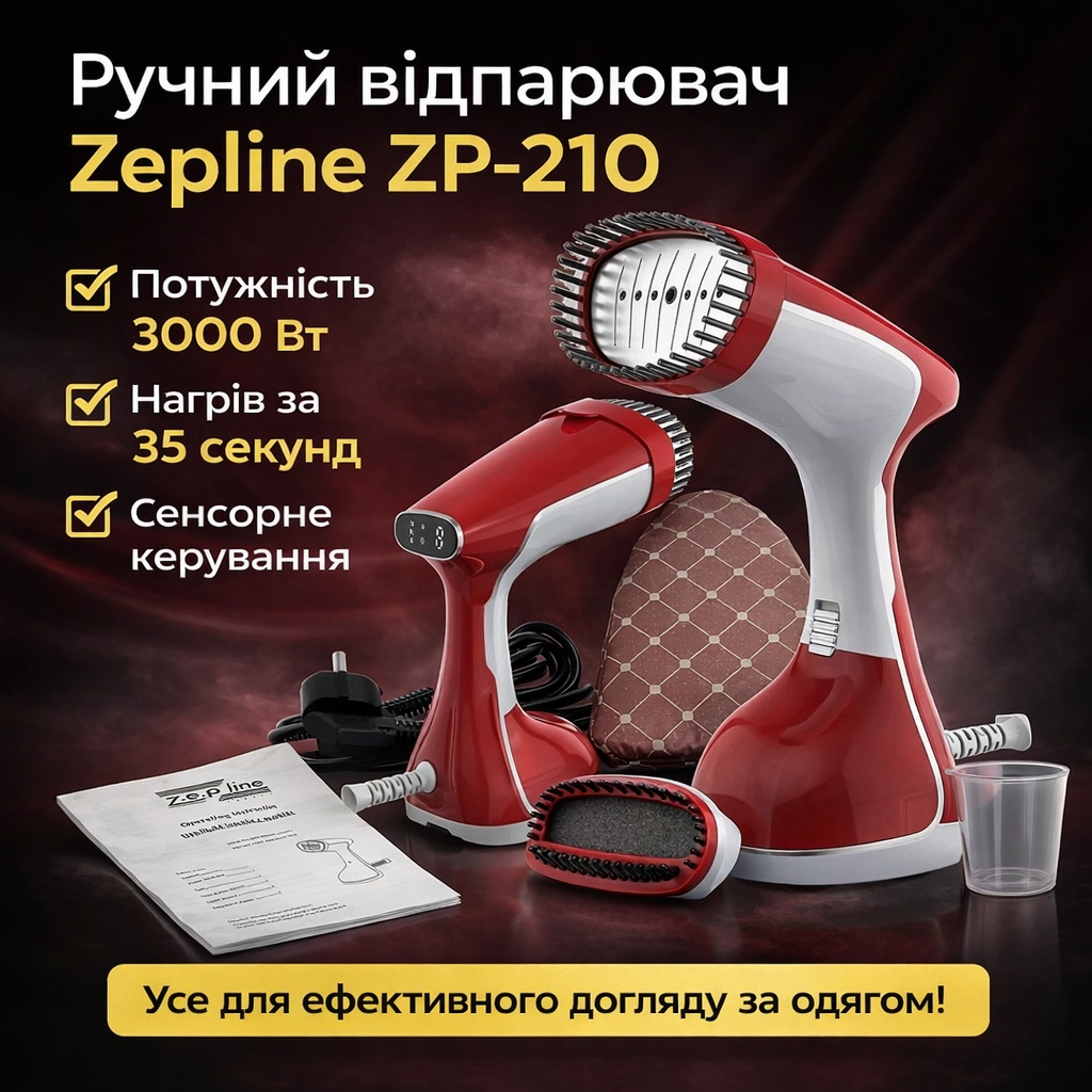 7033072838_ruchnoj-vertikalnyj-otparivatel Ручной вертикальный отпариватель Красный Zepline ZP-210 | 3000 Вт | Сенсорное управление | Резервуар 400 мл | Защита от капель - Зображення 1