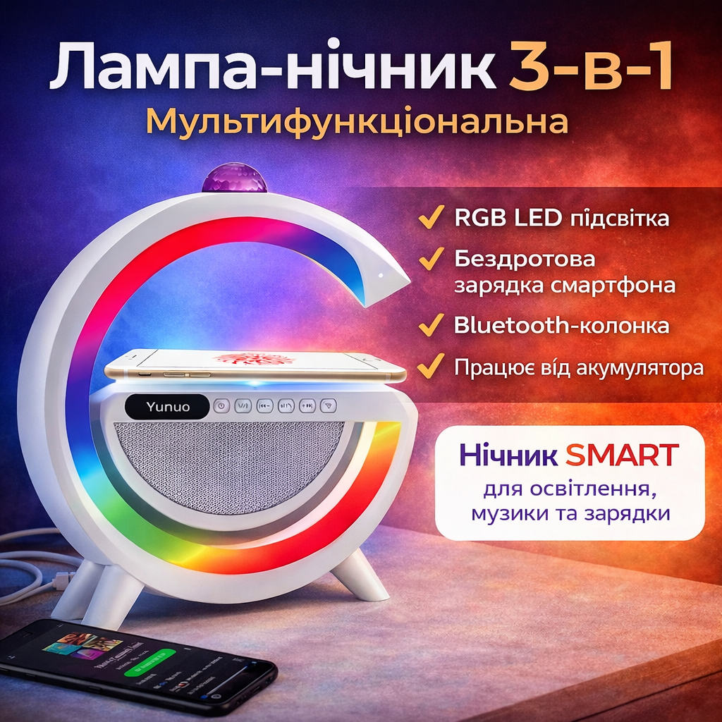 7033172812_lampa-nochnik-s-besprovodnoj Лампа-ночник с беспроводной зарядкой, Bluetooth-колонкой и RGB LED подсветкой 15Вт + дискокуля, YN-2366 - Зображення 1
