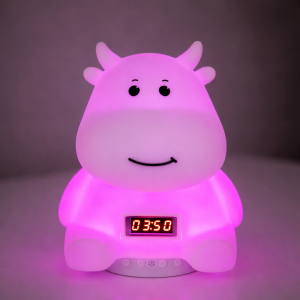 Детский аккумуляторный ночник “Коровка” с мягким LED-светом, RGB-подсветкой, встроенной Bluetooth-колонкой и электронными часами — фото 2