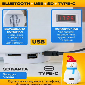 Детский аккумуляторный ночник-Снеговик с RGB-подсветкой, Bluetooth-колонкой и функцией часов — фото 2