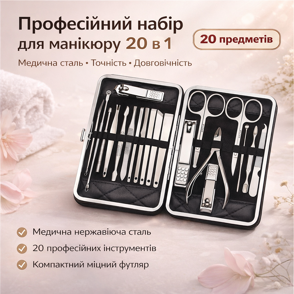 7034917838_professionalnyj-manikyurno-pedikyurnyj-nabor Профессиональный маникюрно-педикюрный набор из 20 инструментов в чёрном футляре - Зображення 1
