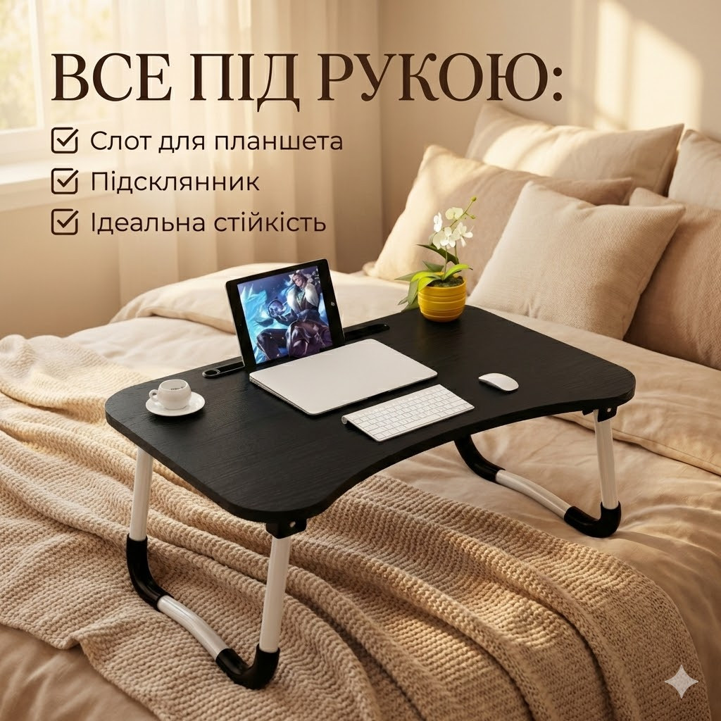 7039549965_portativnyj-skladnoj-stolik Портативный складной столик для ноутбука + держатель под стакан, регулируемая рабочая поверхность - Зображення 1