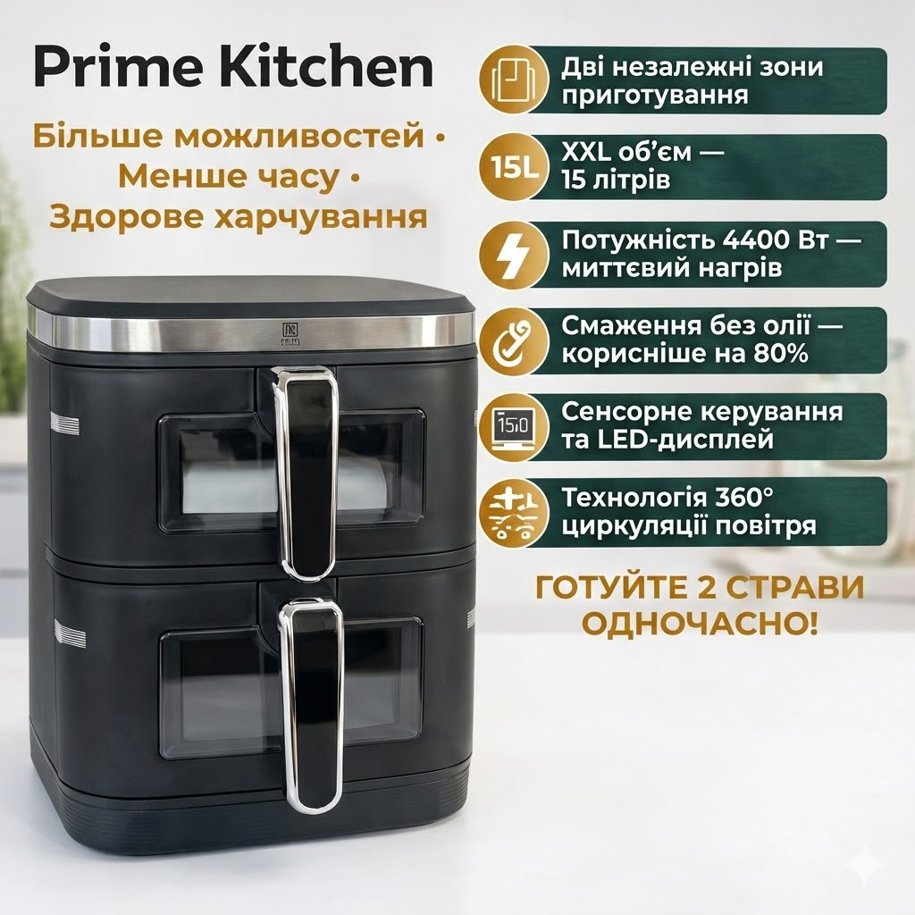 7040877616_aerogril-dvojnoj-prime Аэрогриль двойной Prime Kitchen AF960AP, 15 л, 4400 Вт, с двумя независимыми камерами, цифровое управление - Зображення 1