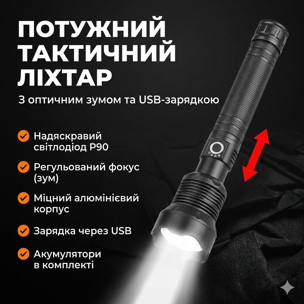 7043225671_moschnyj-takticheskij-fonar Мощный тактический фонарь BL X92 P90 / аккумуляторный фонарь с зумом и USB-зарядкой - Зображення 1