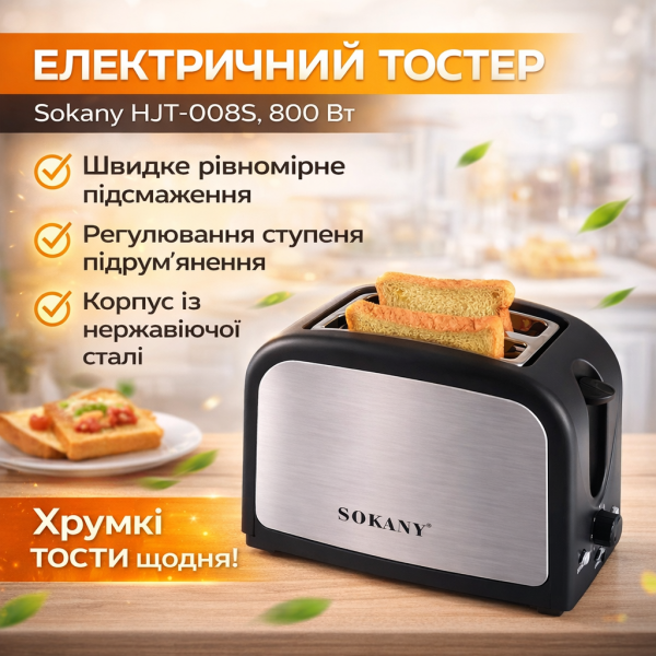 Тостер Sokany HJT-008S на 2 ломтика, 800Вт / Электротостер для хлеба / Электрический тостер двойной