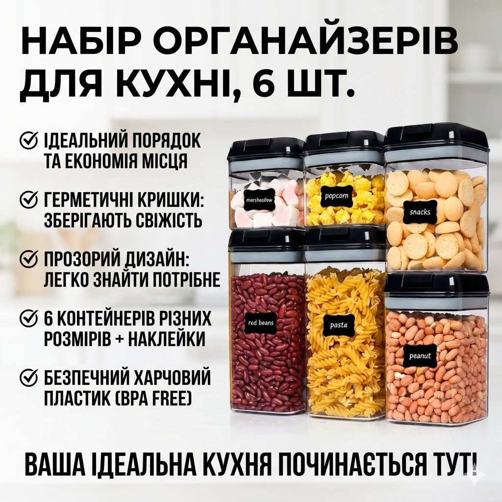 7046573631_nabor-kontejnerov-dlya Набор контейнеров для хранения сыпучих продуктов Food Storage Container, 6 шт., герметичные пластиковые ёмкости с крышками - Зображення 1