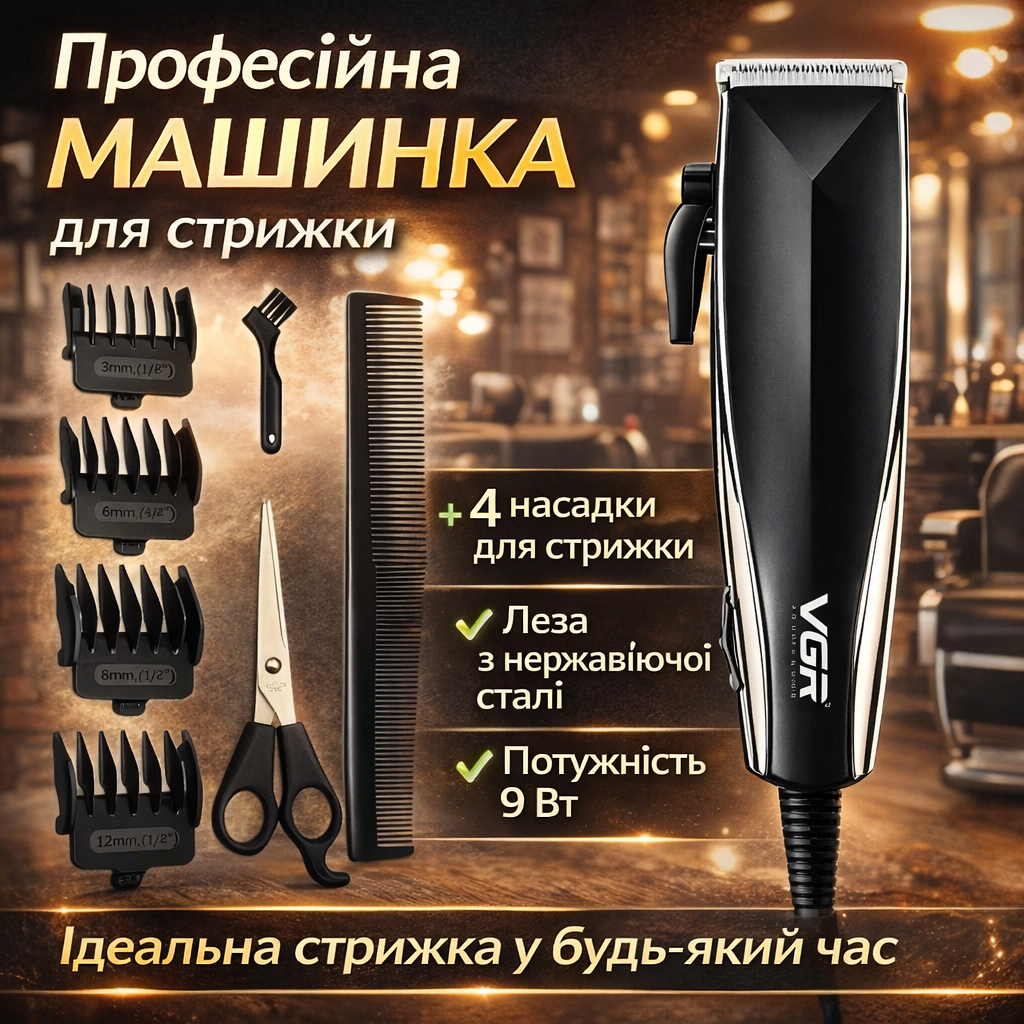 7052042131_professionalnaya-mashinka-dlya Профессиональная машинка для стрижки волос + 4 насадки, VGR V-033 / Мужской триммер - Зображення 1