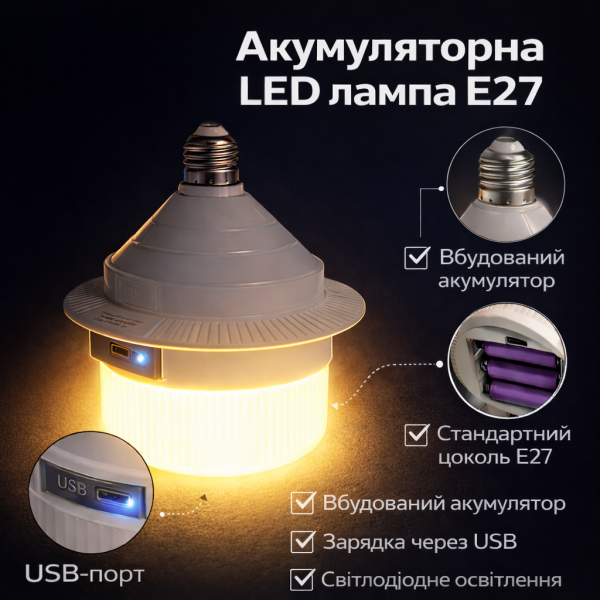 Лампочка аккумуляторная LED 30W E27 з USB в патрон на 3 акумулятора 18650 LED Z-989