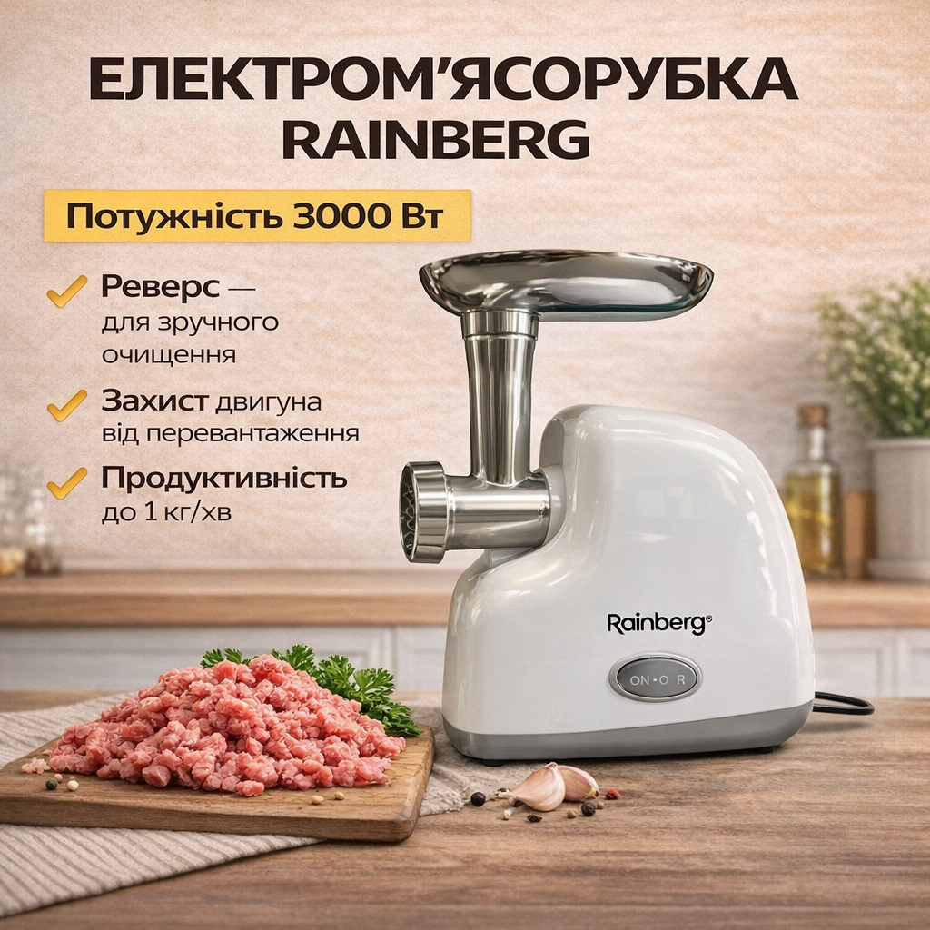 7055800024_domashnyaya-elektricheskaya-myasorubka Домашняя электрическая мясорубка Rainberg RB-2319 3000 Вт с реверсом белая - Зображення 1