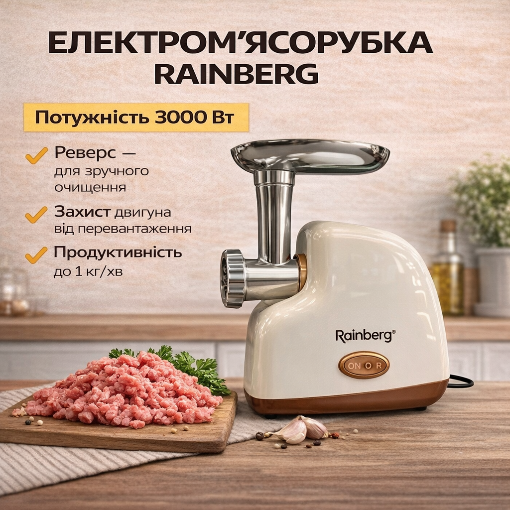 7055802908_elektricheskaya-myasorubka-rainberg Электрическая мясорубка Rainberg RB-2319 3000 Вт с защитой двигателя бежевая - Зображення 1