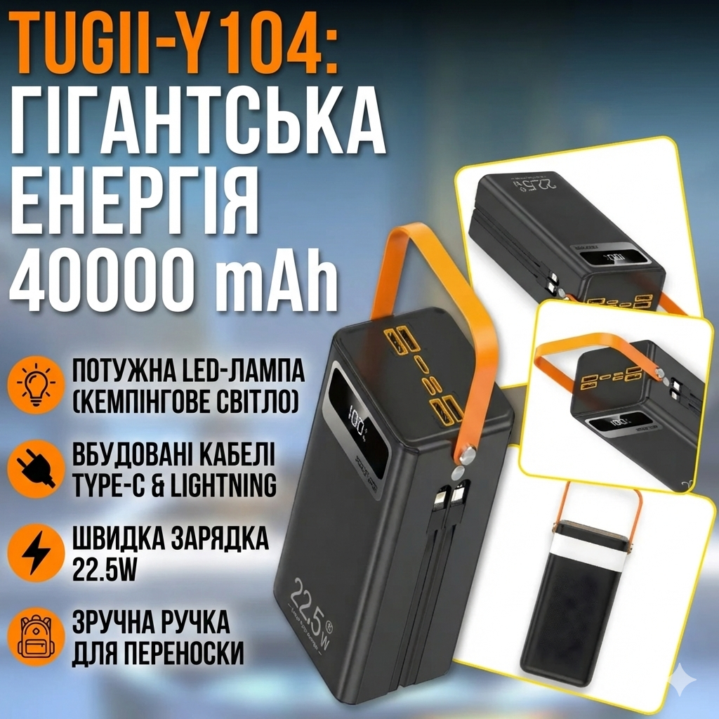 7057892175_vneshnij-akkumulyator-power Внешний аккумулятор Power Bank TUGII-Y104 40000mAh 22.5W с мощной LED-лампой и встроенными кабелями Черный - Зображення 1