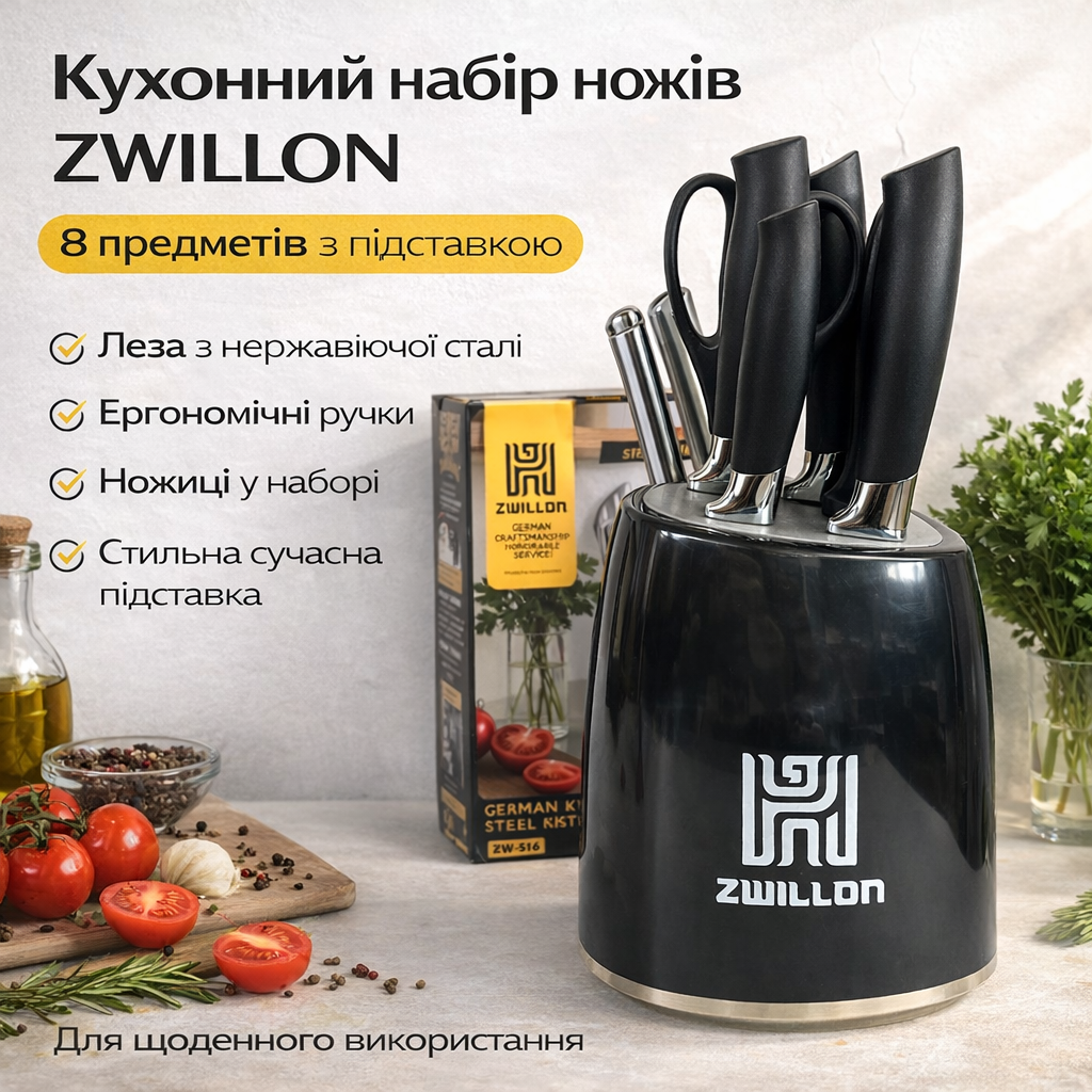 7059440861_kuhonnyj-nabor-nozhej Кухонный набор ножей ZWILLON ZW-546 из нержавеющей стали, 8 предметов, с подставкой, эргономичные ручки, черный - Зображення 1