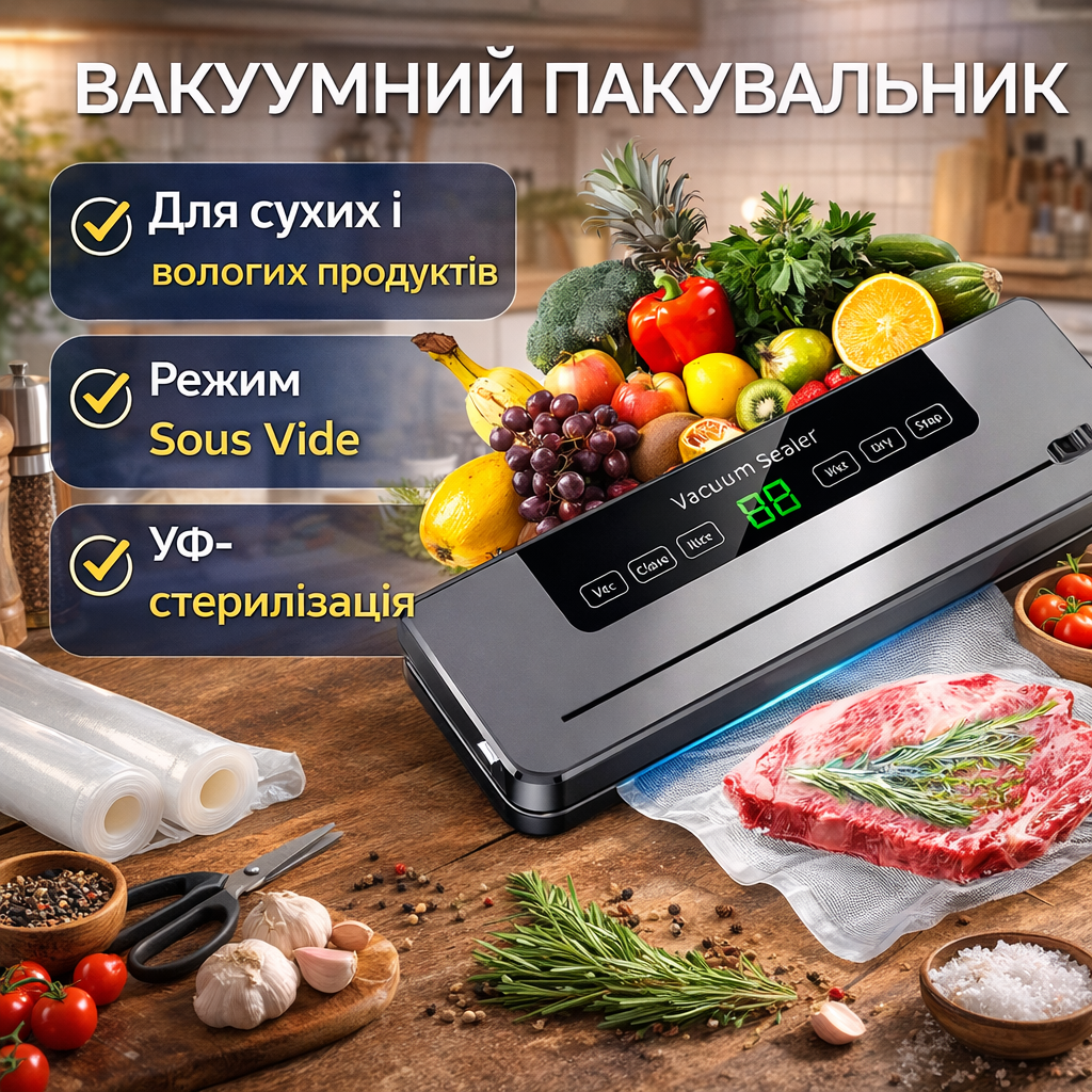 7062514211_vakuumnyj-upakovschik-suhihvlazhnyh Вакуумный упаковщик сухих/влажных продуктов с УФ-стерилизацией в режиме Sous Vide + Упаковочные мешки - Зображення 1