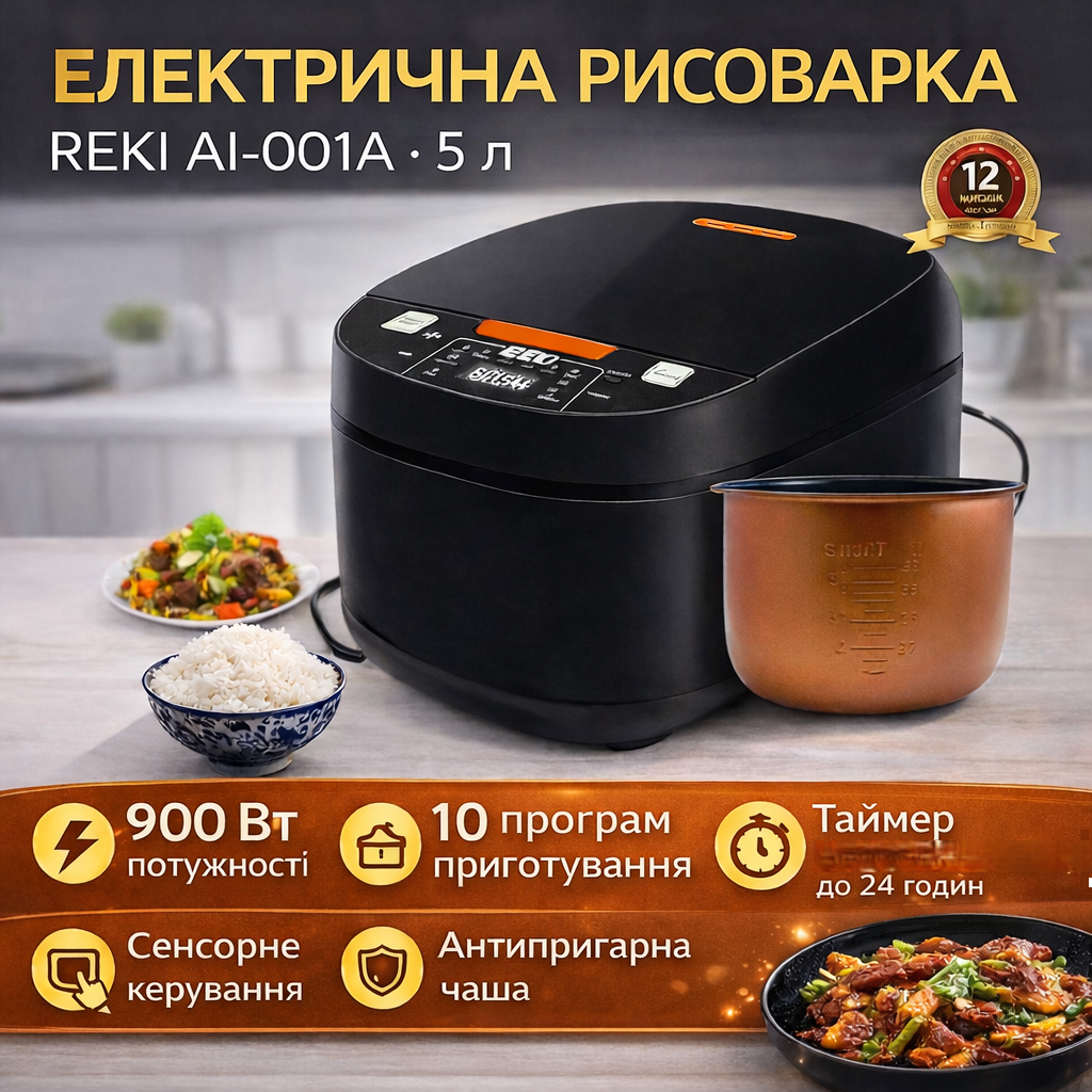 7064218738_elektricheskaya-risovarka-reki Электрическая рисоварка REKI AI-001A, 5 л, 900 Вт, сенсорное управление, 10 программ, с антипригарной чашей - Зображення 1