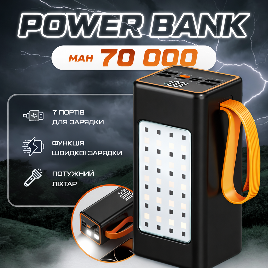 Мощный Power Bank 70000 mAh с быстрой зарядкой XP-51 20W, кемпинговой LED-лампой и цифровым дисплеем Мощный Power Bank 70000 mAh с быстрой зарядкой XP-51 20W, кемпинговой LED-лампой и цифровым дисплеем