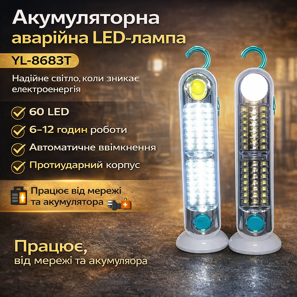 7082969813_utsenka-akkumulyatornaya-portativnaya УЦЕНКА! Аккумуляторная портативная светодиодная лампа YL-8683T (Плохая упаковка 3411) - Зображення 1