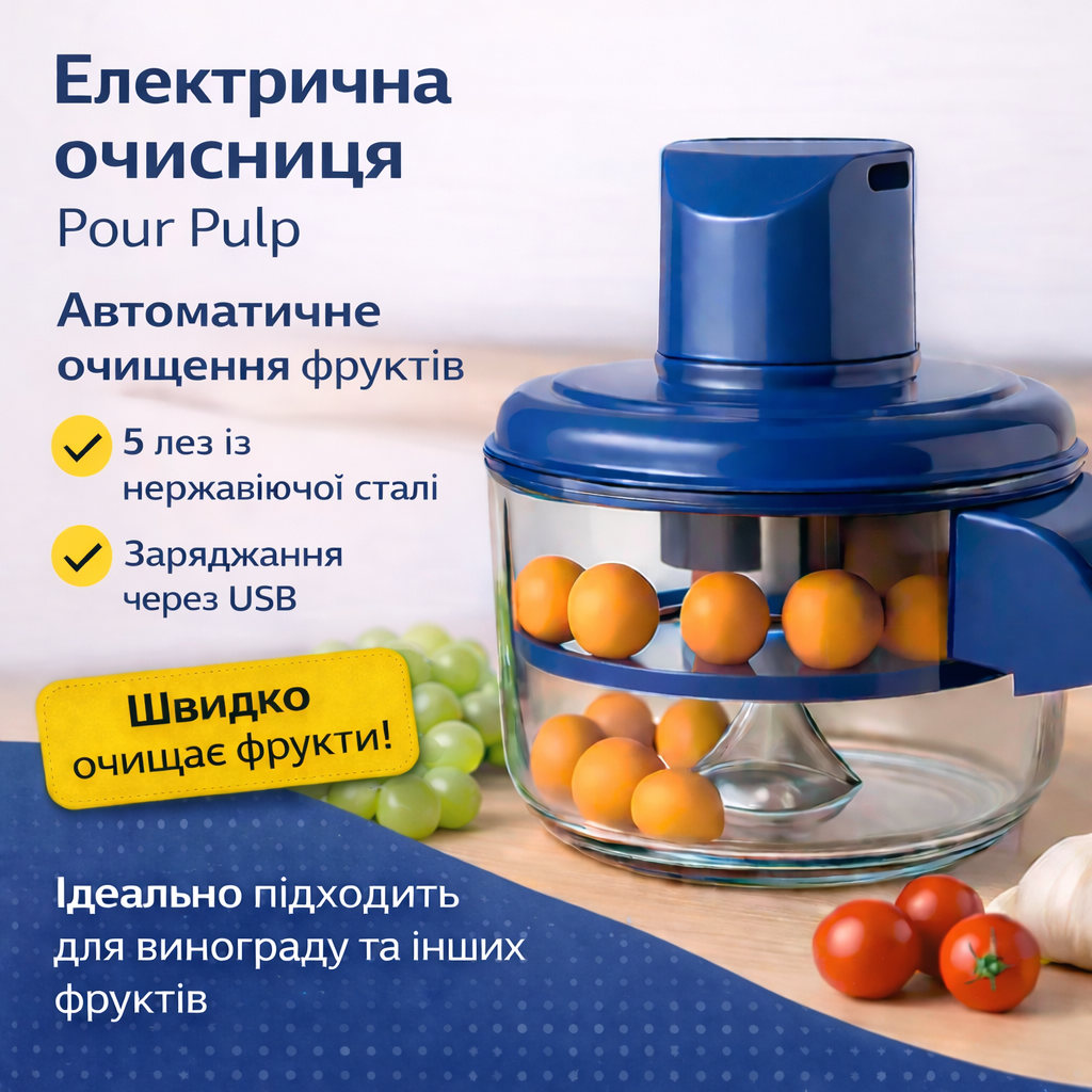 7086841817_elektricheskaya-mashinka-dlya Электрическая машинка для очистки винограда и фруктов 1 л, USB, 5 лезвий, автоматическая кухонная фруктовая очистительница - Зображення 1