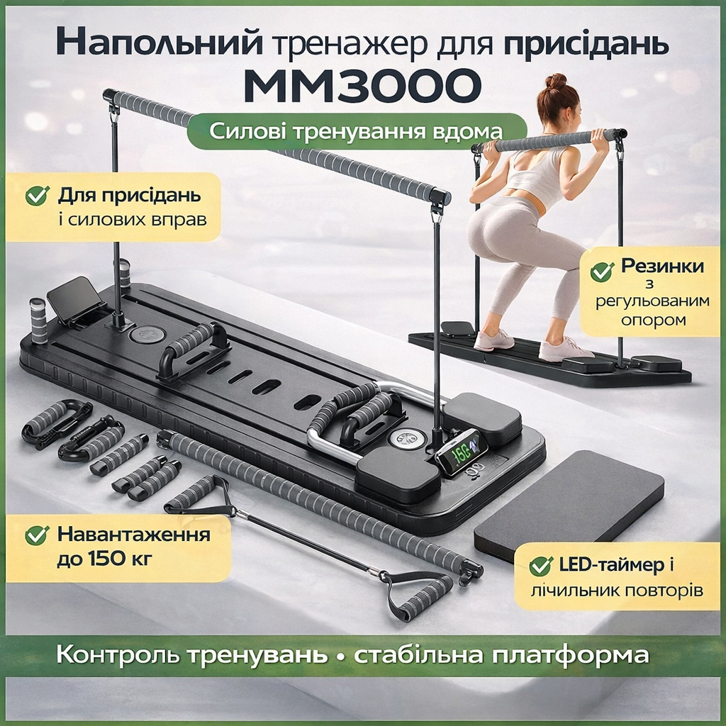 7090491504_napolnyj-trenazher-s Напольный тренажер с резинками для приседаний MM3000, силовая платформа с LED-таймером и счетчиком повторов, до 150 кг, черный - Зображення 1