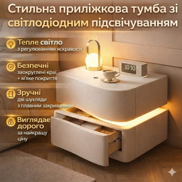 Прикрованная тумба из экокожи с LED-подсветкой и двумя выдвижными ящиками (света)