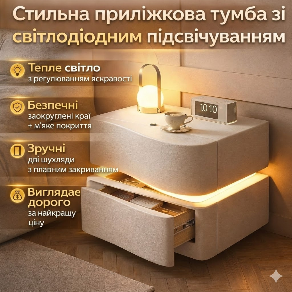 7094276416_prikrovannaya-tumba-iz Прикрованная тумба из экокожи с LED-подсветкой и двумя выдвижными ящиками (света) - Зображення 1