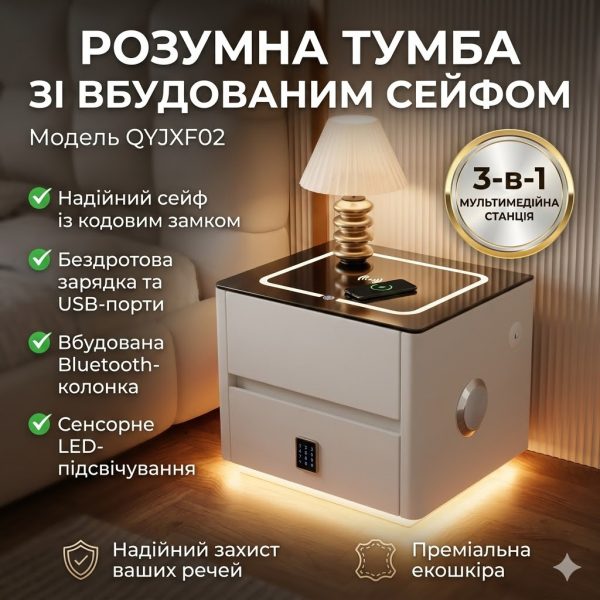 Тумба прикроватная Белая QYJXF02 47×39×48 см с беспроводной зарядкой
